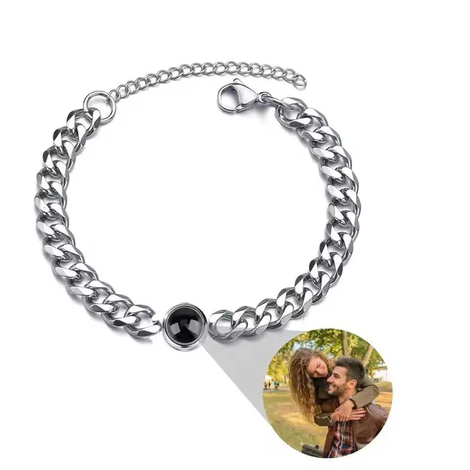 Custom Projection Personality Memorial Birthday Christmas Gift Personalized Circle Photo Bracelet 17+5cm Stainles Cuban Bracelet