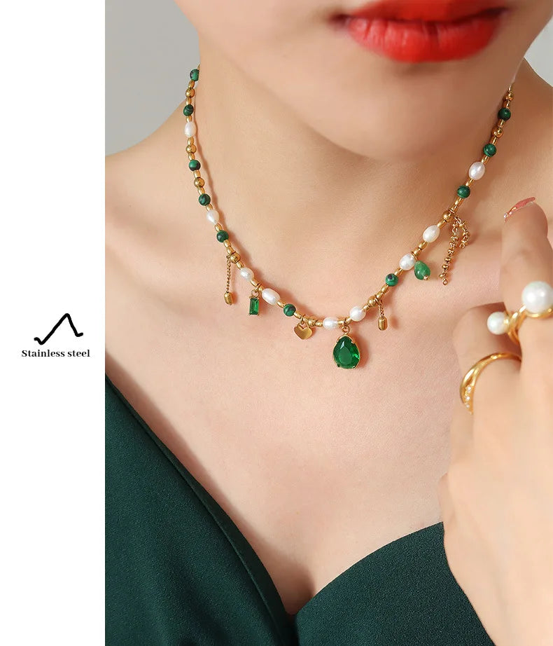 TOSOKO Stainless Steel Jewelry Turquoise Freshwater Pearl Splice Pendant Necklace Women's Elegant Clavicle Chain BSP1219