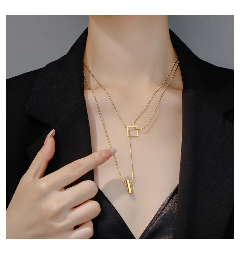 Stainless steel Gold Color Overlay Double-Layer Necklace 2025 New Women's Fashion Jewelry Party Girls' Fadeless Accessories Gift