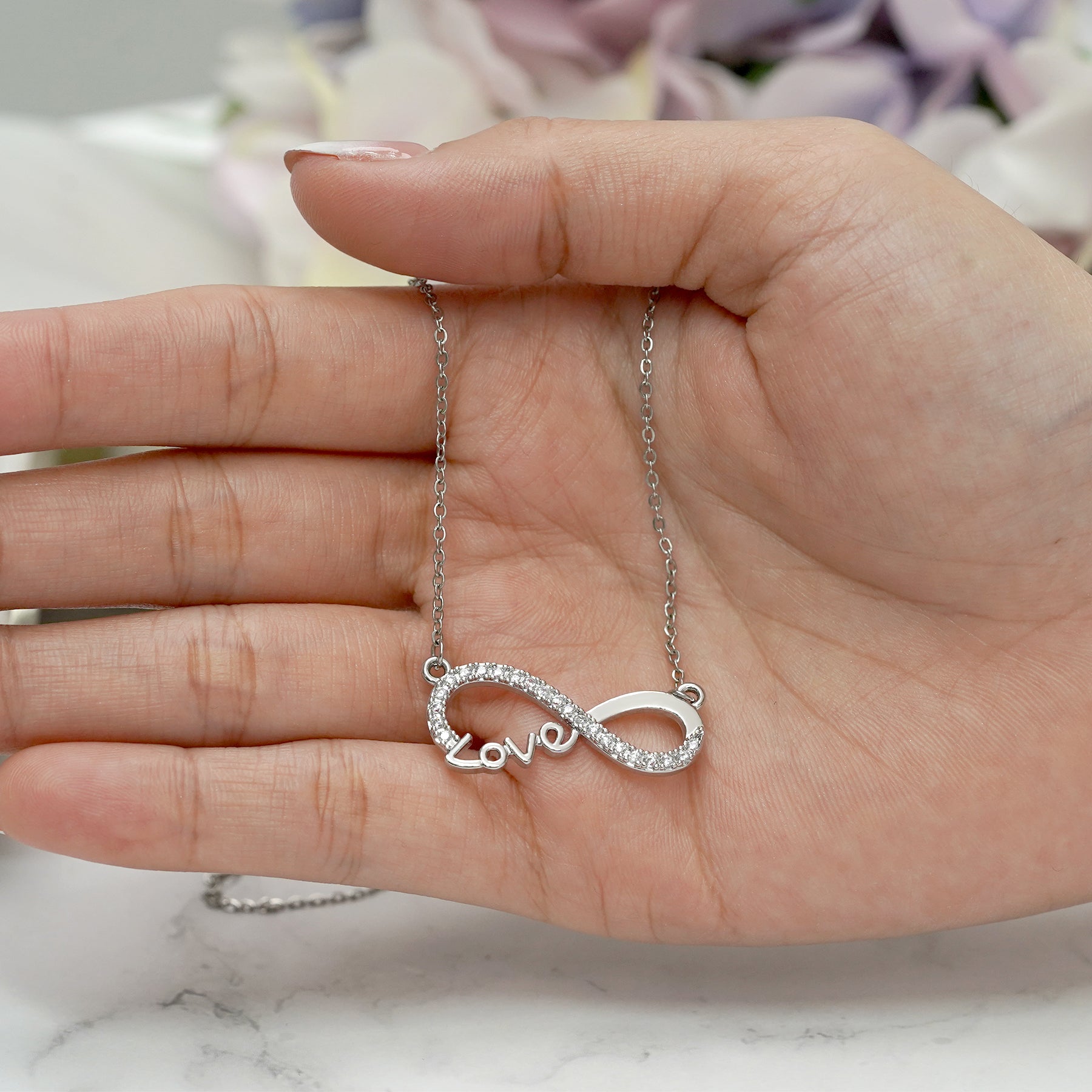 Infinity Love Pendant Necklace - Meaningful Jewelry for Her - Anniversary Gift in 18K White Gold Plated