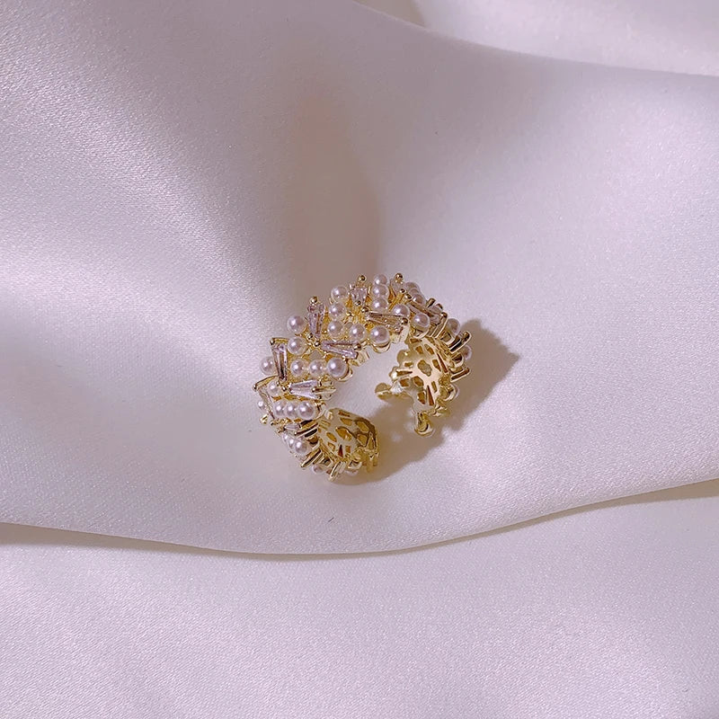 Pearl Zircon Gold Adjustable Ring