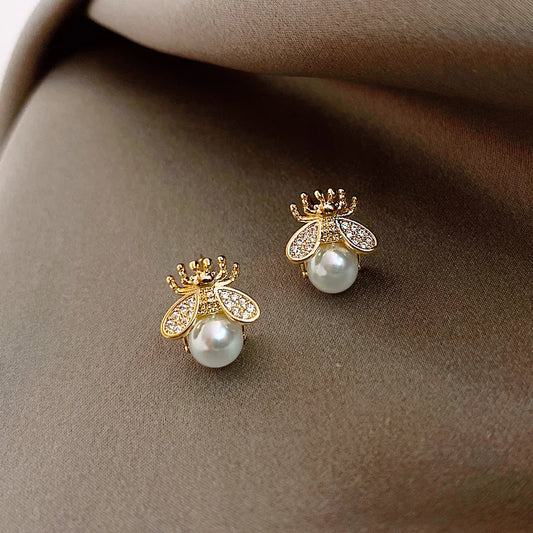 Elegant Pearl Bee Earrings