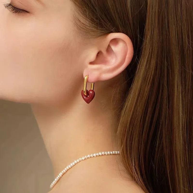 French Retro Romantic Wine Red Heart Pendant Earrings For Women Wedding Party Girls Fashion Jewelry Christmas Gift Accessories