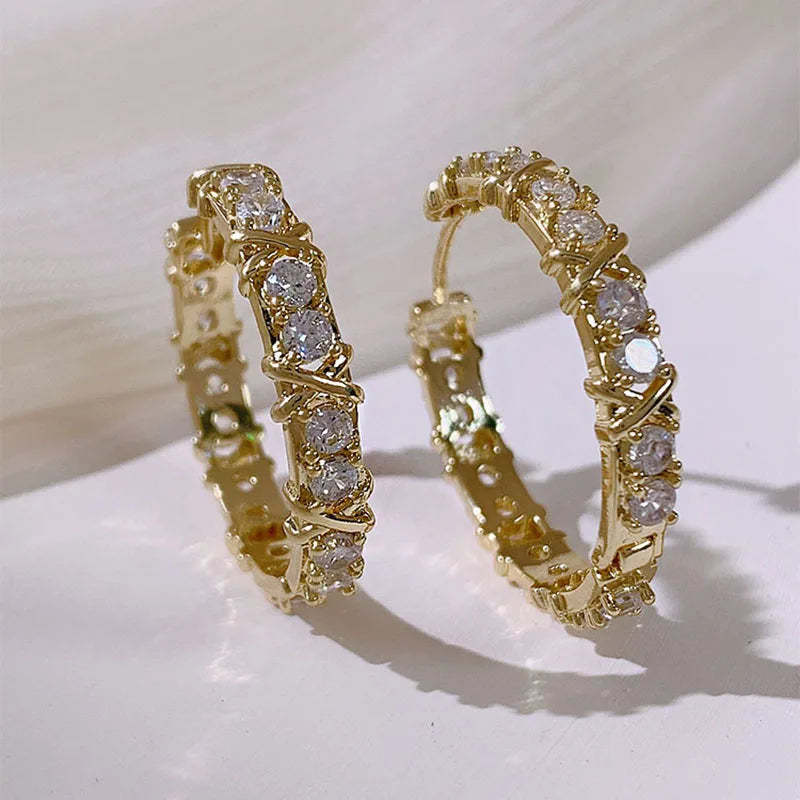 Korean Fashion Simple Zircon X Metal Hoop Earrings For Woman 2025 Neo Gothic Girls' Luxury Jewelry Wedding Party Set Accessories