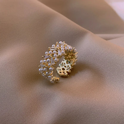 Pearl Zircon Gold Adjustable Ring