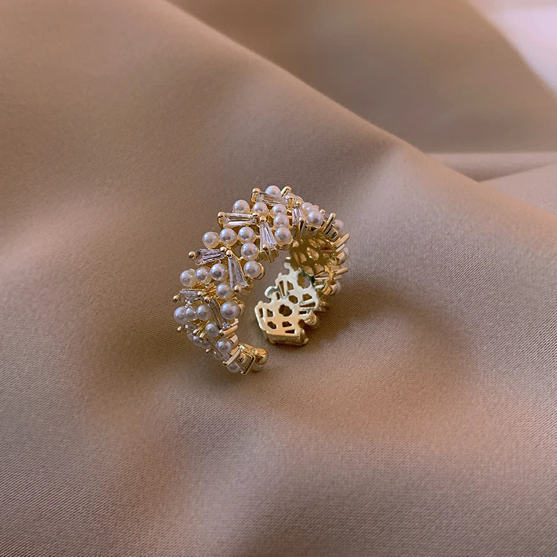 Pearl Zircon Gold Adjustable Ring