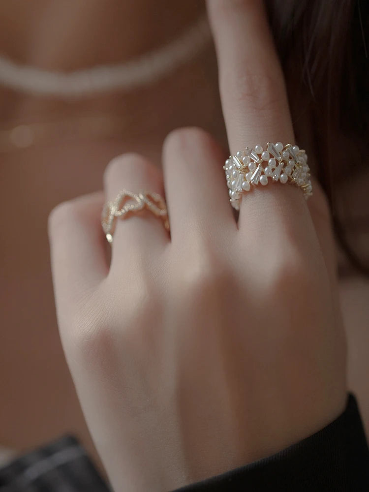 Pearl Zircon Gold Adjustable Ring
