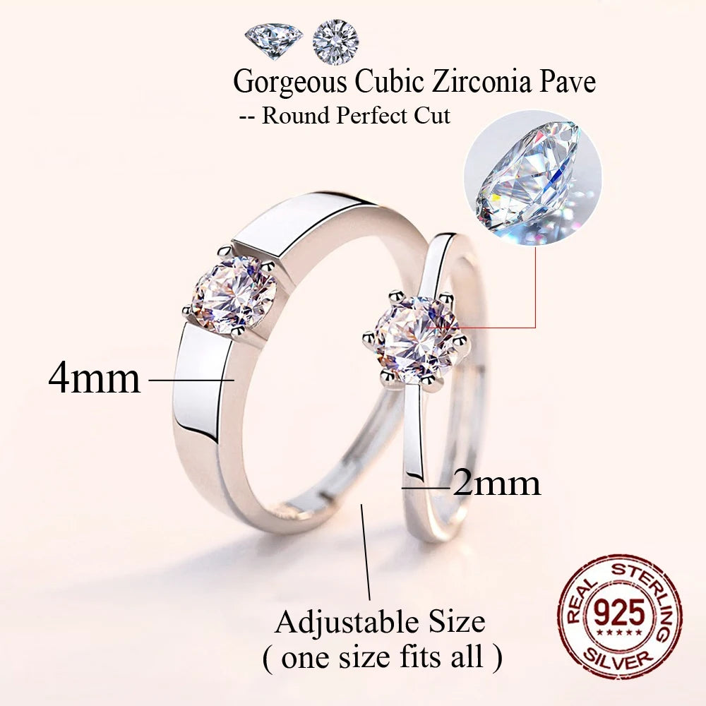 Dazzling Cubic Zircon 925 Sterling Silver Adjustable Couples Promise Ring for Women Men Weddings and Engagement Finger Jewelry