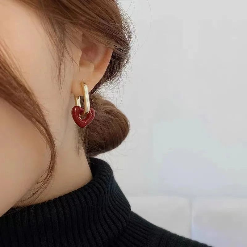 French Retro Romantic Wine Red Heart Pendant Earrings For Women Wedding Party Girls Fashion Jewelry Christmas Gift Accessories
