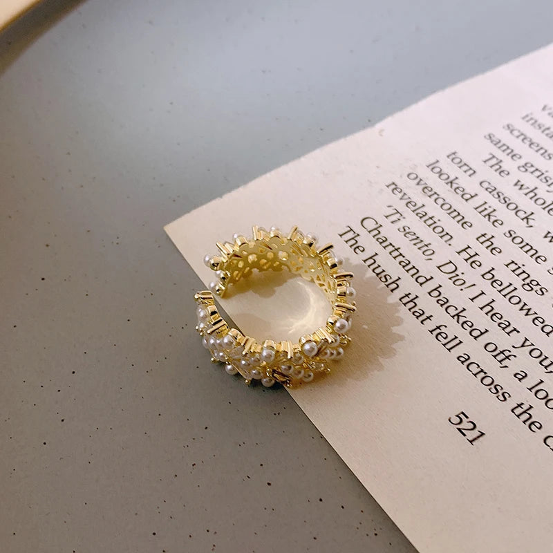 Pearl Zircon Gold Adjustable Ring
