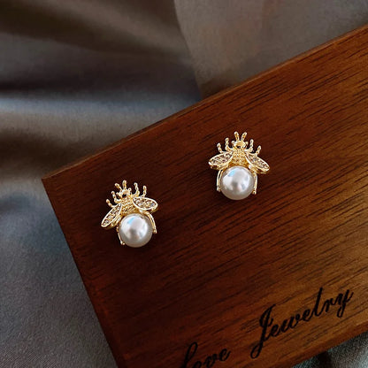 Elegant Pearl Bee Earrings