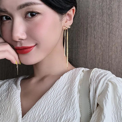 Classic Metal Bow Gold Colour Tassel Drop Earrings For Woman 2025 New Korean Fashion Jewelry Wedding Party Girl's Sexy Earrings