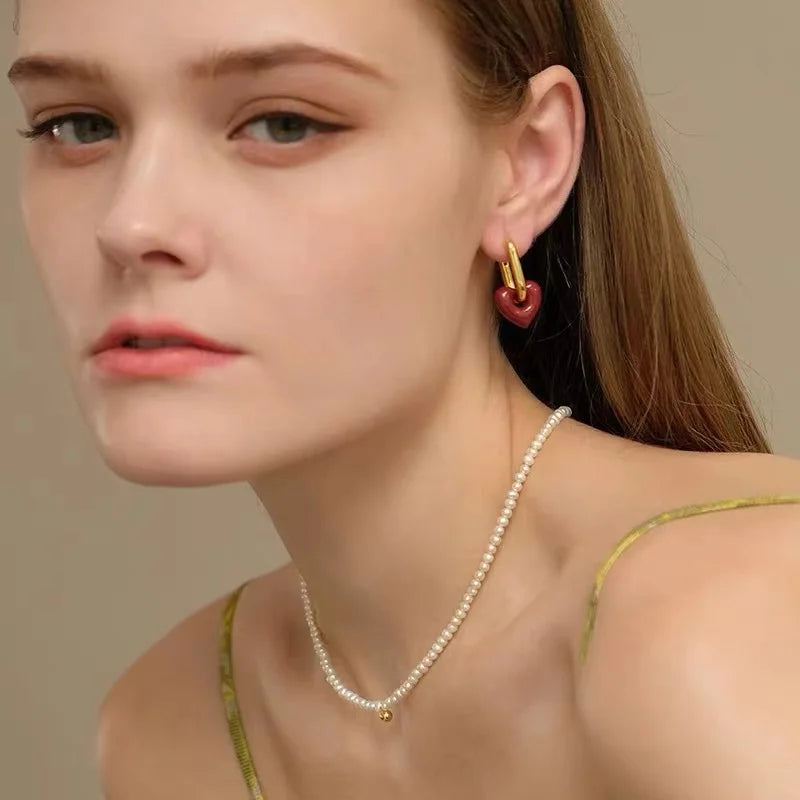 French Retro Romantic Wine Red Heart Pendant Earrings For Women Wedding Party Girls Fashion Jewelry Christmas Gift Accessories