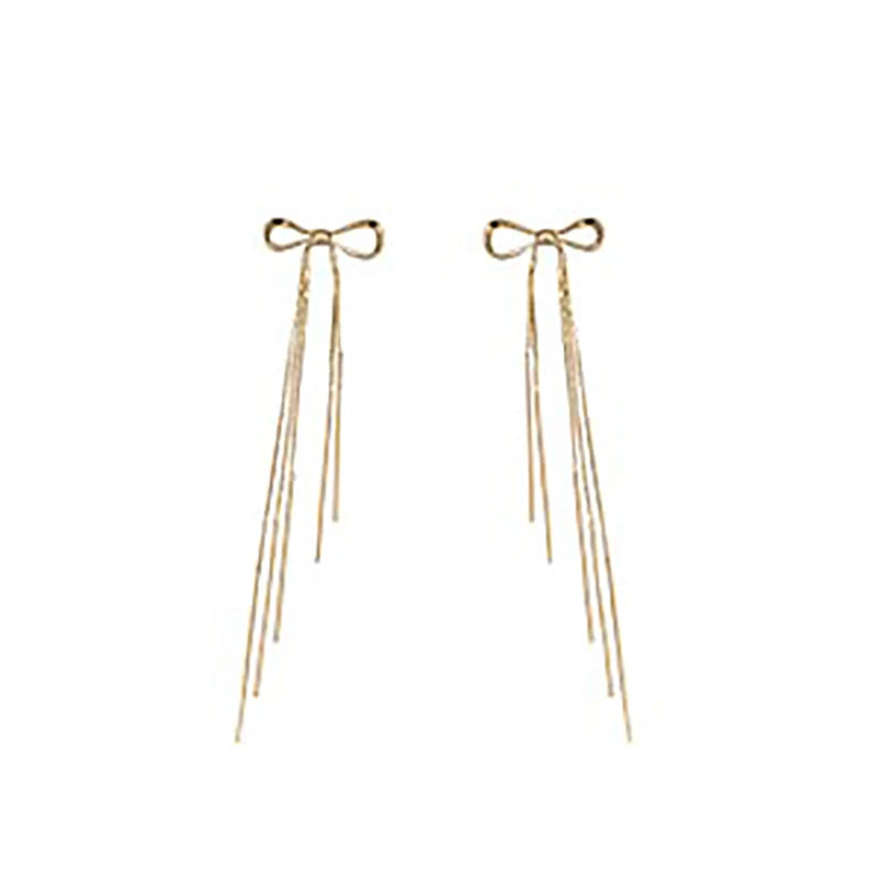 Classic Metal Bow Gold Colour Tassel Drop Earrings For Woman 2025 New Korean Fashion Jewelry Wedding Party Girl's Sexy Earrings