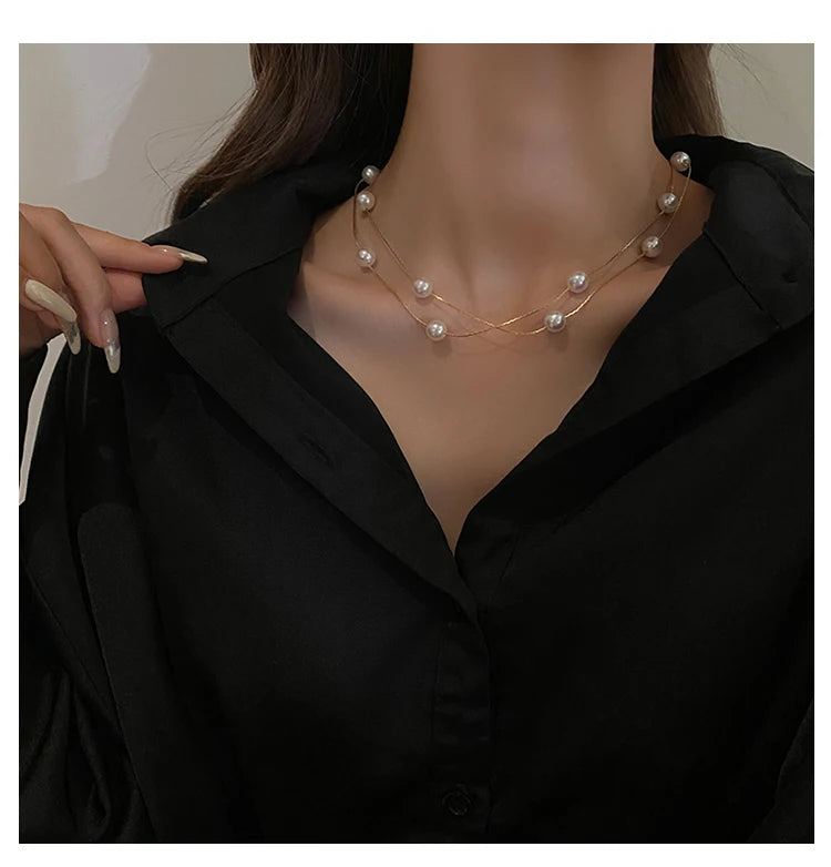 European and American Elegant Double-Layer Pearl String Choker Necklace Korean Fashion Jewelry Sexy Clavicle Chain For Woman