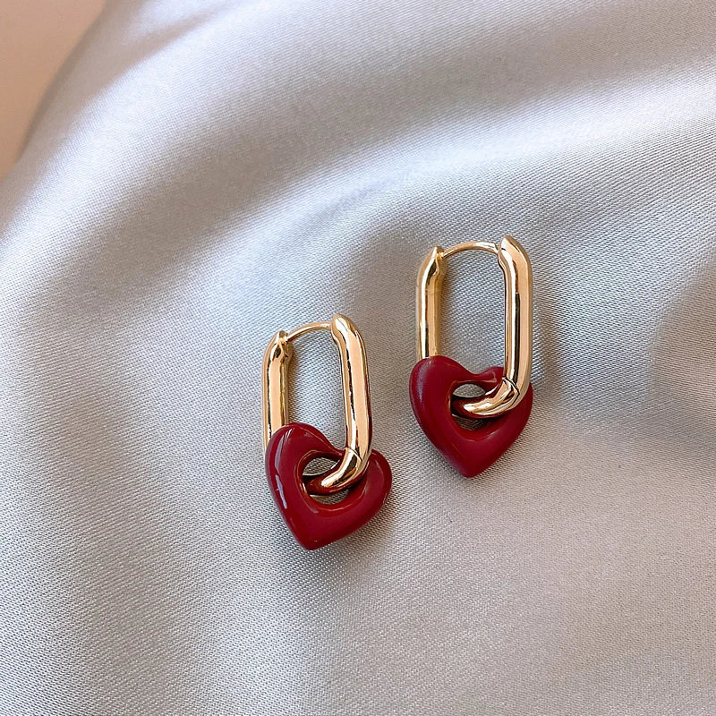 French Retro Romantic Wine Red Heart Pendant Earrings For Women Wedding Party Girls Fashion Jewelry Christmas Gift Accessories