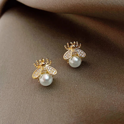 Elegant Pearl Bee Earrings