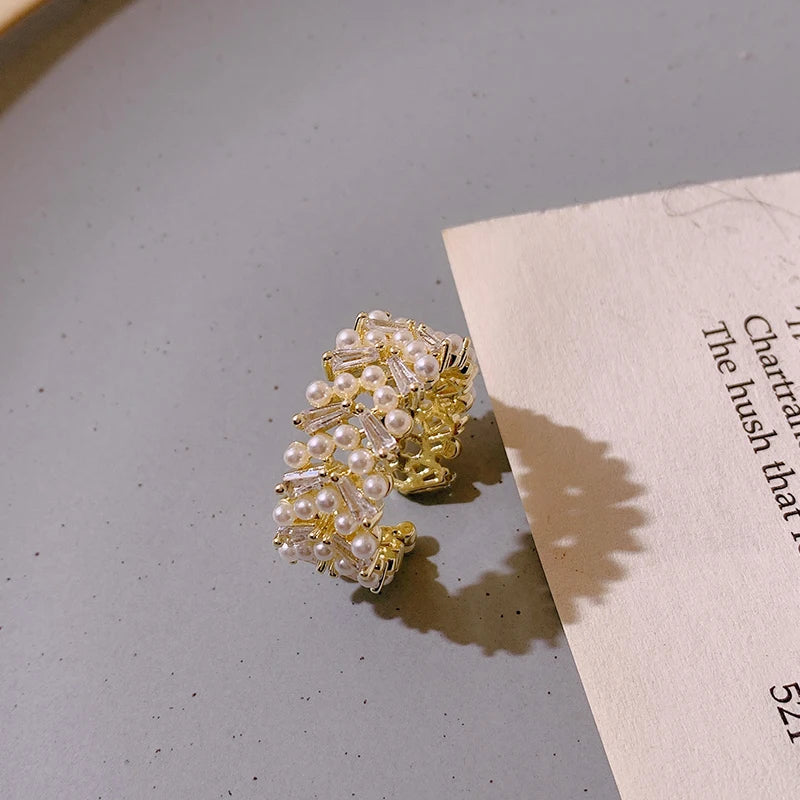 Pearl Zircon Gold Adjustable Ring