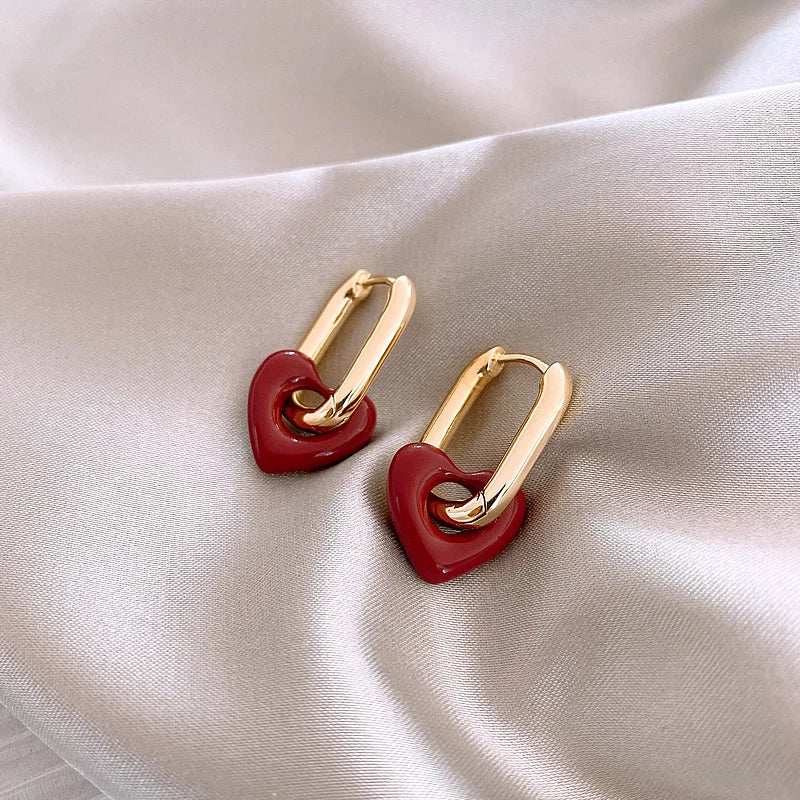 French Retro Romantic Wine Red Heart Pendant Earrings For Women Wedding Party Girls Fashion Jewelry Christmas Gift Accessories