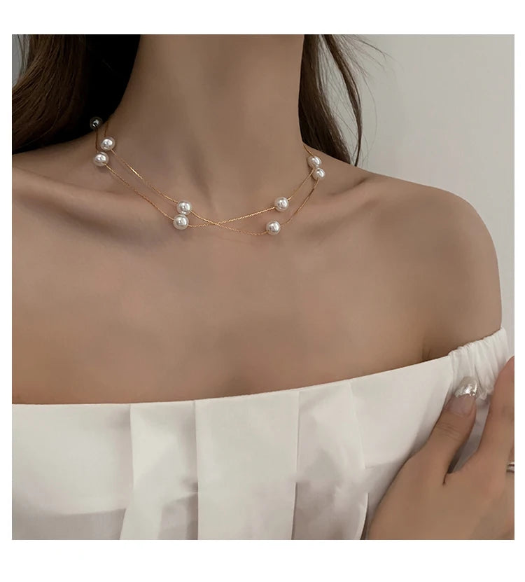 European and American Elegant Double-Layer Pearl String Choker Necklace Korean Fashion Jewelry Sexy Clavicle Chain For Woman
