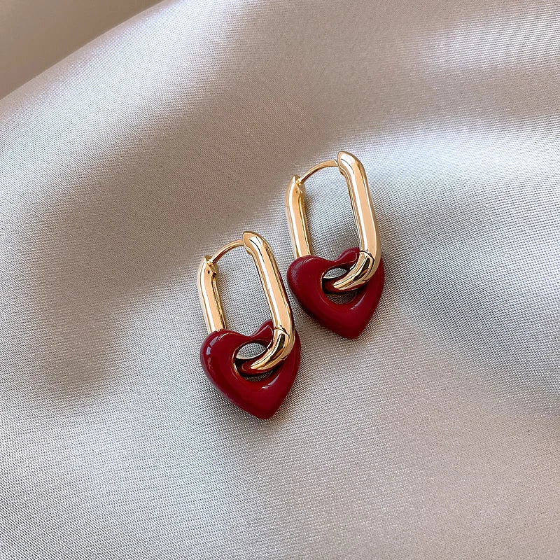 French Retro Romantic Wine Red Heart Pendant Earrings For Women Wedding Party Girls Fashion Jewelry Christmas Gift Accessories