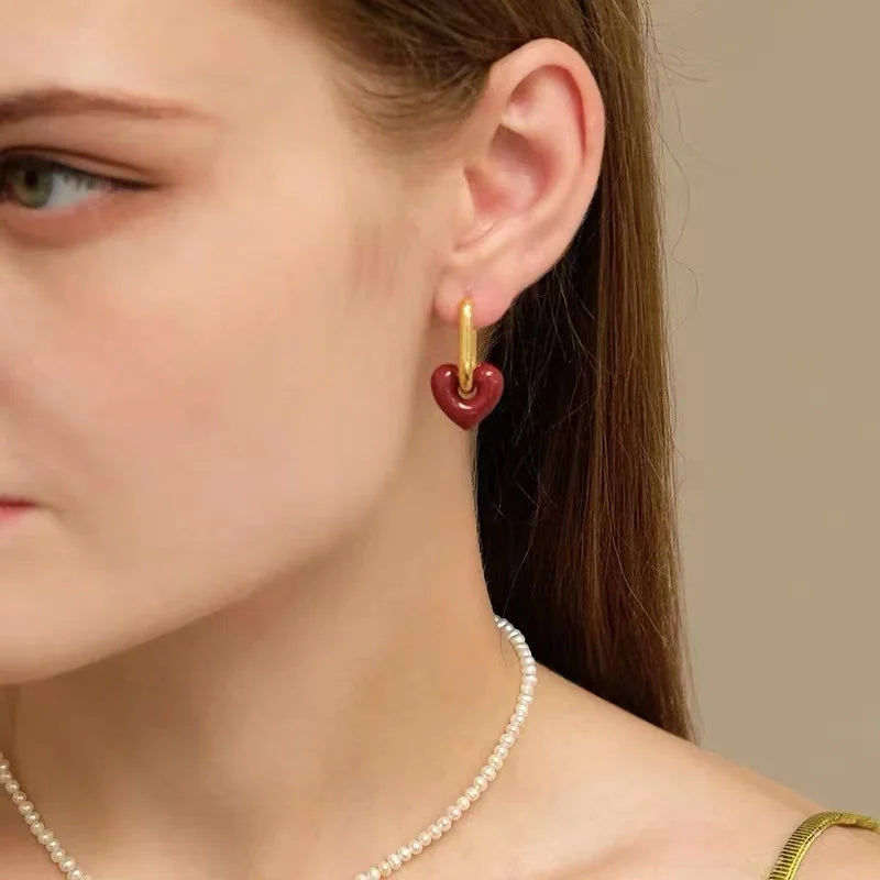 French Retro Romantic Wine Red Heart Pendant Earrings For Women Wedding Party Girls Fashion Jewelry Christmas Gift Accessories