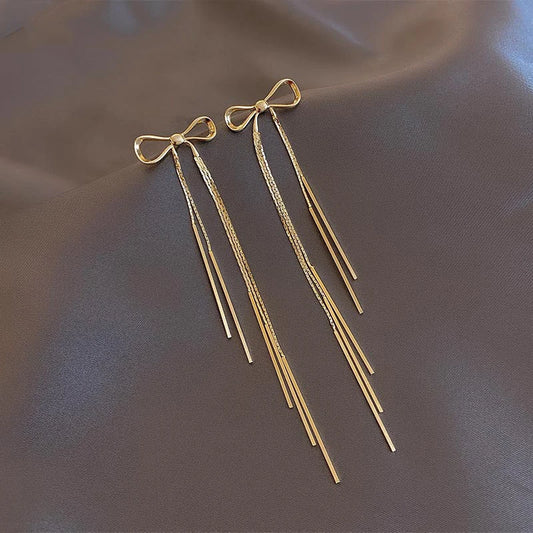 Classic Metal Bow Gold Colour Tassel Drop Earrings For Woman 2025 New Korean Fashion Jewelry Wedding Party Girl's Sexy Earrings