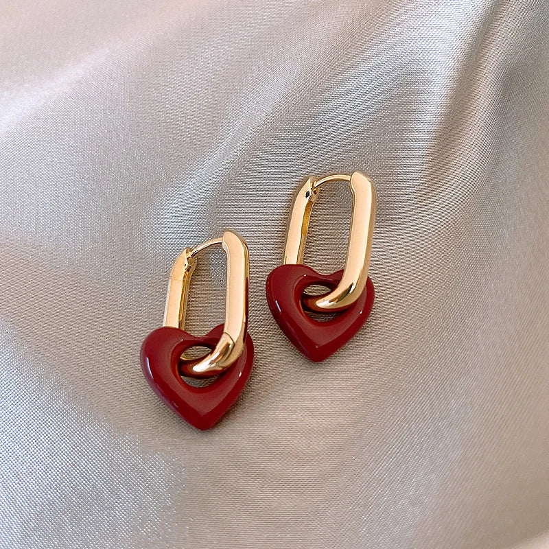French Retro Romantic Wine Red Heart Pendant Earrings For Women Wedding Party Girls Fashion Jewelry Christmas Gift Accessories
