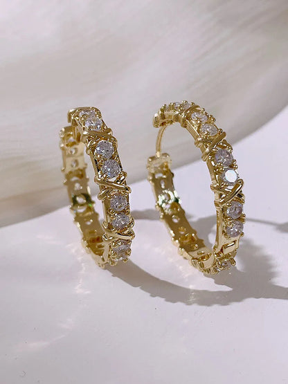 Korean Fashion Simple Zircon X Metal Hoop Earrings For Woman 2025 Neo Gothic Girls' Luxury Jewelry Wedding Party Set Accessories