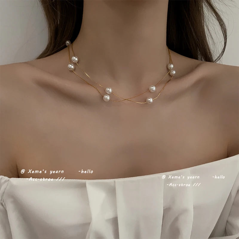 European and American Elegant Double-Layer Pearl String Choker Necklace Korean Fashion Jewelry Sexy Clavicle Chain For Woman