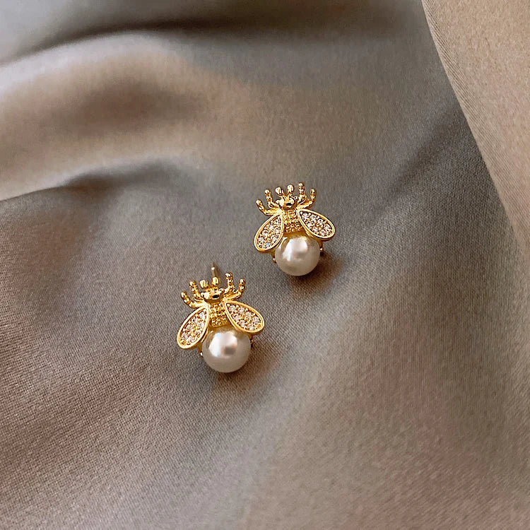 Elegant Pearl Bee Earrings