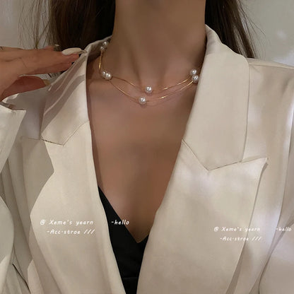European and American Elegant Double-Layer Pearl String Choker Necklace Korean Fashion Jewelry Sexy Clavicle Chain For Woman