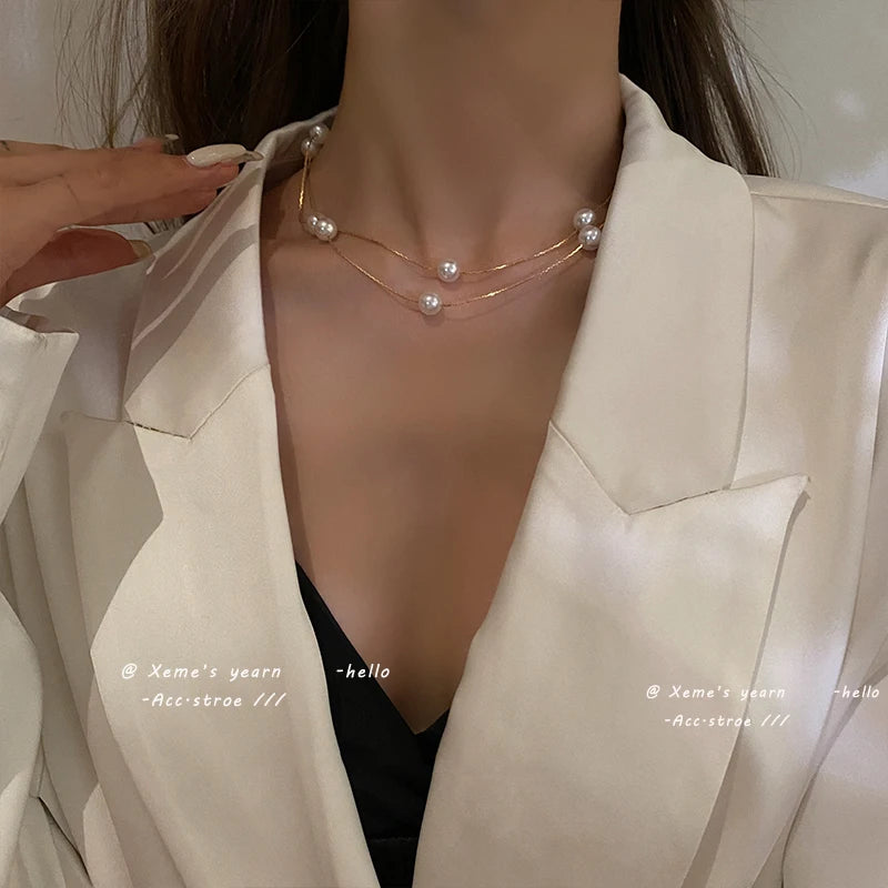 European and American Elegant Double-Layer Pearl String Choker Necklace Korean Fashion Jewelry Sexy Clavicle Chain For Woman