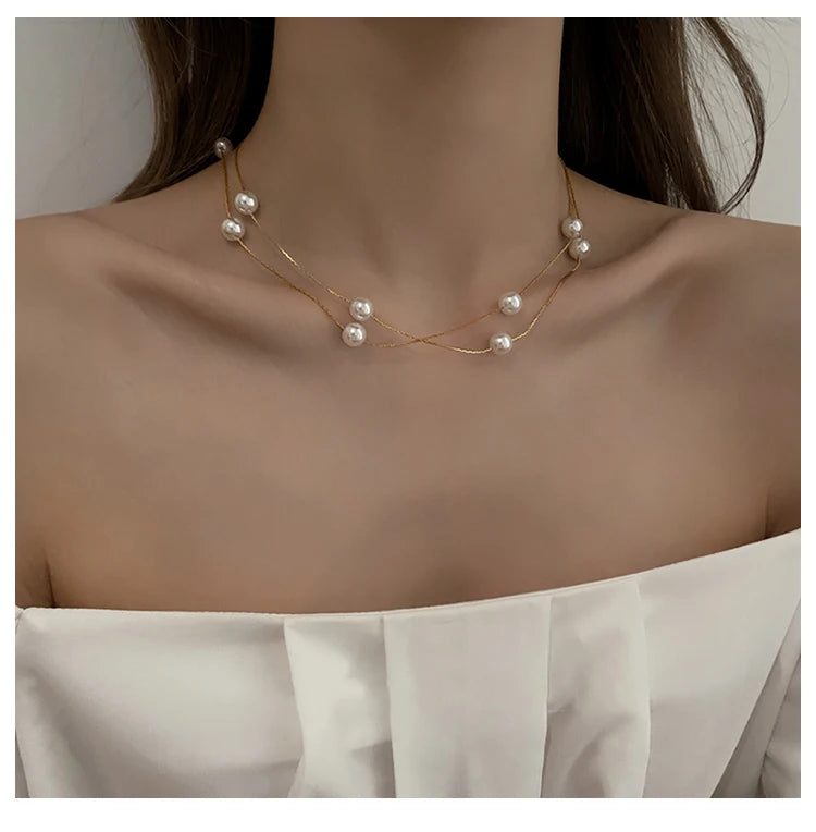 European and American Elegant Double-Layer Pearl String Choker Necklace Korean Fashion Jewelry Sexy Clavicle Chain For Woman