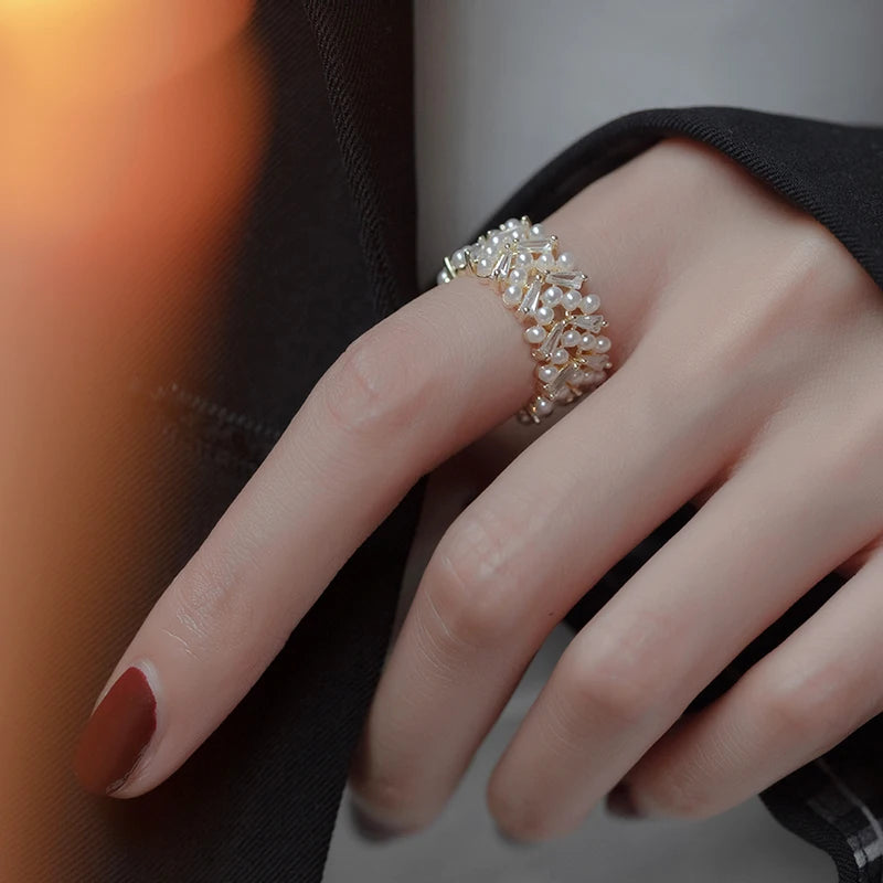 Pearl Zircon Gold Adjustable Ring