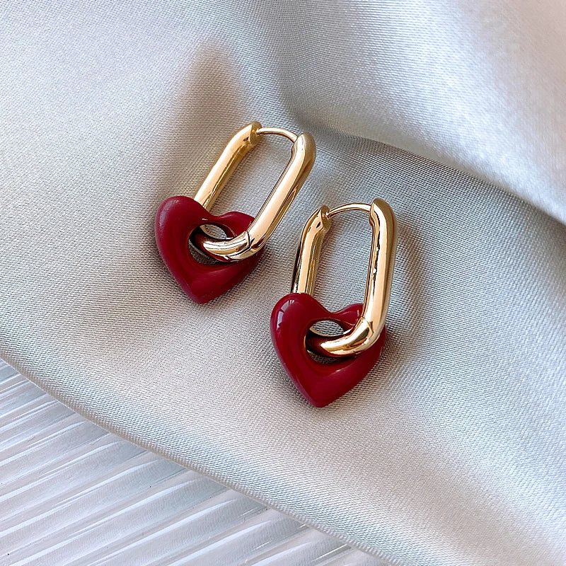French Retro Romantic Wine Red Heart Pendant Earrings For Women Wedding Party Girls Fashion Jewelry Christmas Gift Accessories