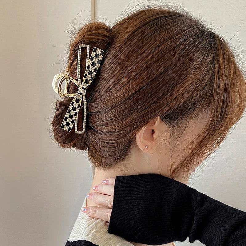 Korean Sweet Girl's Bow Chessboard Pattern Metal Hair Clip 2024 New Headwear For Women's Large Shark Clip Grab Clip Accessories
