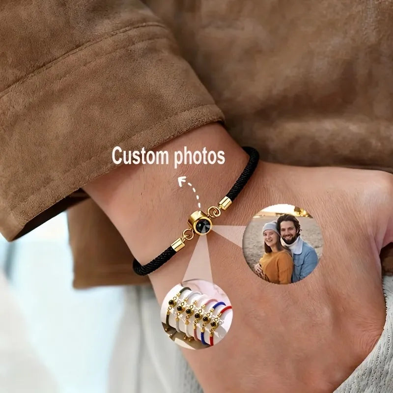 Custom Photo Bracelet Stainless Steel Round Pendant Personalized Projection Wowen Rope Bracelet Unisex Custom Memorial Jewelry