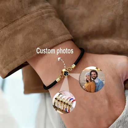 Custom Photo Bracelet Stainless Steel Round Pendant Personalized Projection Wowen Rope Bracelet Unisex Custom Memorial Jewelry