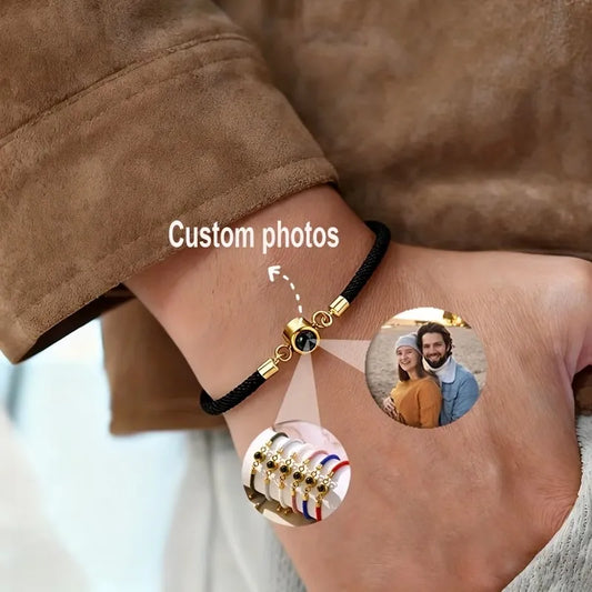 Custom Photo Bracelet Stainless Steel Round Pendant Personalized Projection Wowen Rope Bracelet Unisex Custom Memorial Jewelry