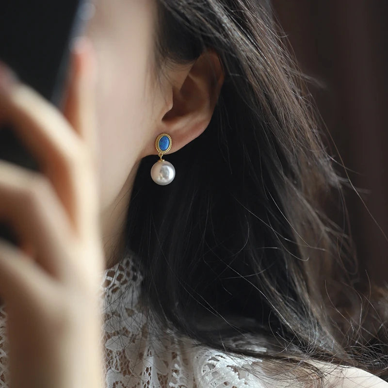 2024 New Design French Elegant Blue Enamel Pearl Pendant Earrings for Women's or Gilr‘s Fashion Jewelry Party Luxury Accessories