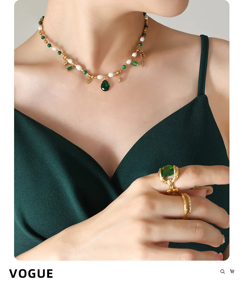 TOSOKO Stainless Steel Jewelry Turquoise Freshwater Pearl Splice Pendant Necklace Women's Elegant Clavicle Chain BSP1219