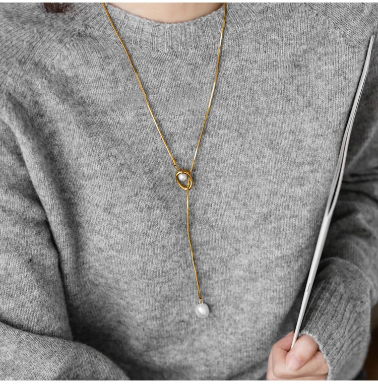 Stainless steel Pull-out Adjustable Chain Baroque Pearl Pendant Long Necklace For Womens Fashion Sweater Chain 2024 New Jewelry