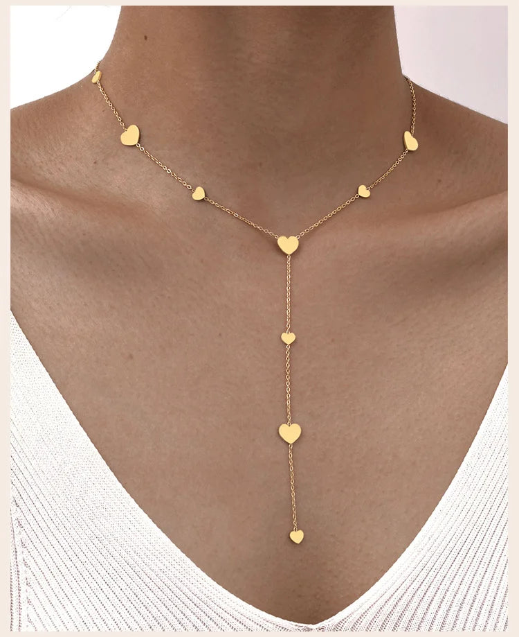 Heart Drop Lariat Chain Necklace For Women, Y Shape Long Chain Stainlss Steel 18K Gold Color  Layered Jewelry