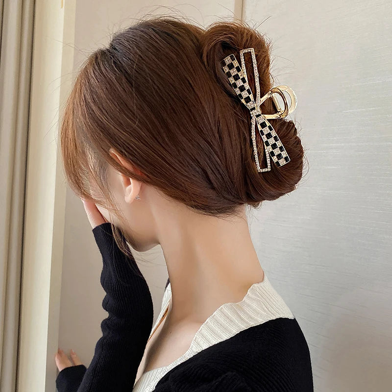 Korean Sweet Girl's Bow Chessboard Pattern Metal Hair Clip 2024 New Headwear For Women's Large Shark Clip Grab Clip Accessories
