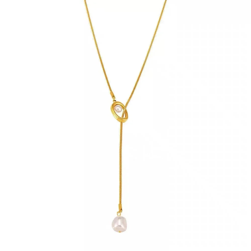 Stainless steel Pull-out Adjustable Chain Baroque Pearl Pendant Long Necklace For Womens Fashion Sweater Chain 2024 New Jewelry