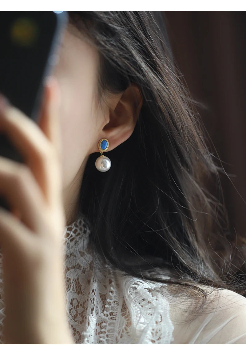 2024 New Design French Elegant Blue Enamel Pearl Pendant Earrings for Women's or Gilr‘s Fashion Jewelry Party Luxury Accessories