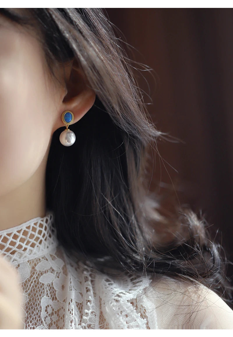 2024 New Design French Elegant Blue Enamel Pearl Pendant Earrings for Women's or Gilr‘s Fashion Jewelry Party Luxury Accessories