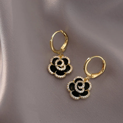 Design Sense Exquisite Black Camellia Pendant Flower Earrings 2025 New Jewelry Party Girls' Luxury Accessories For Women's Gift