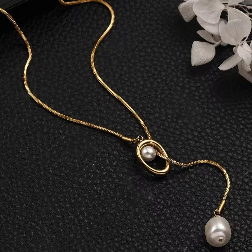 Stainless steel Pull-out Adjustable Chain Baroque Pearl Pendant Long Necklace For Womens Fashion Sweater Chain 2024 New Jewelry